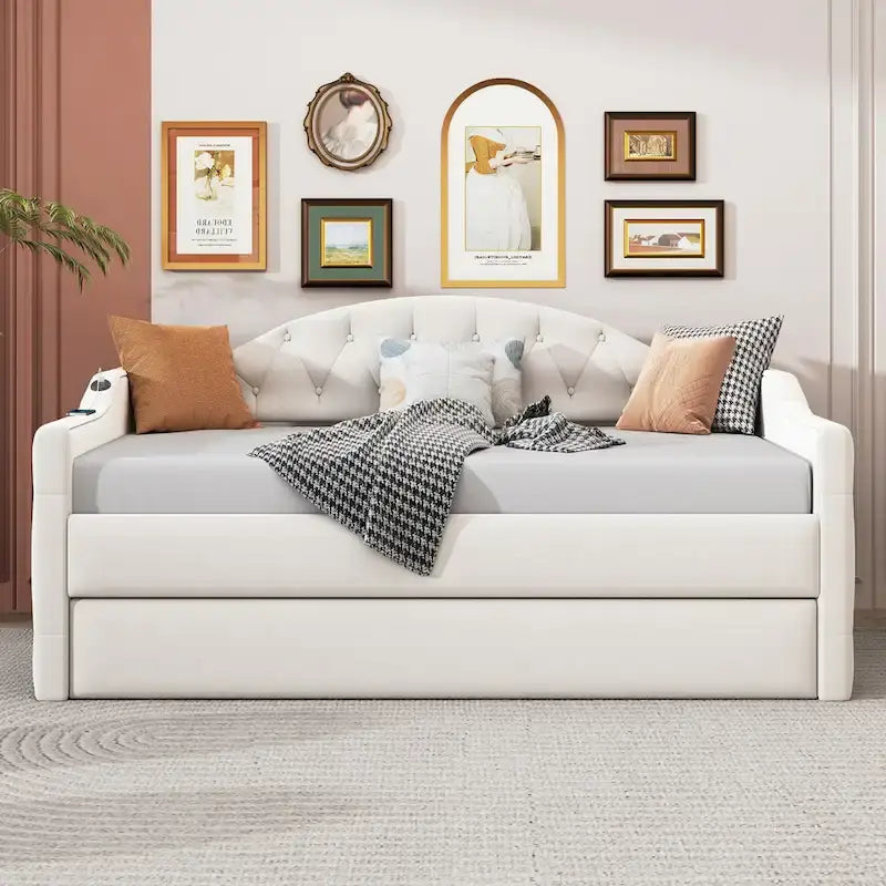 Lit de repos rembourré jumeau avec lit gigogne et ports de charge, beige