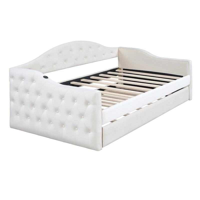 Lit de repos rembourré jumeau avec lit gigogne et ports de charge, beige