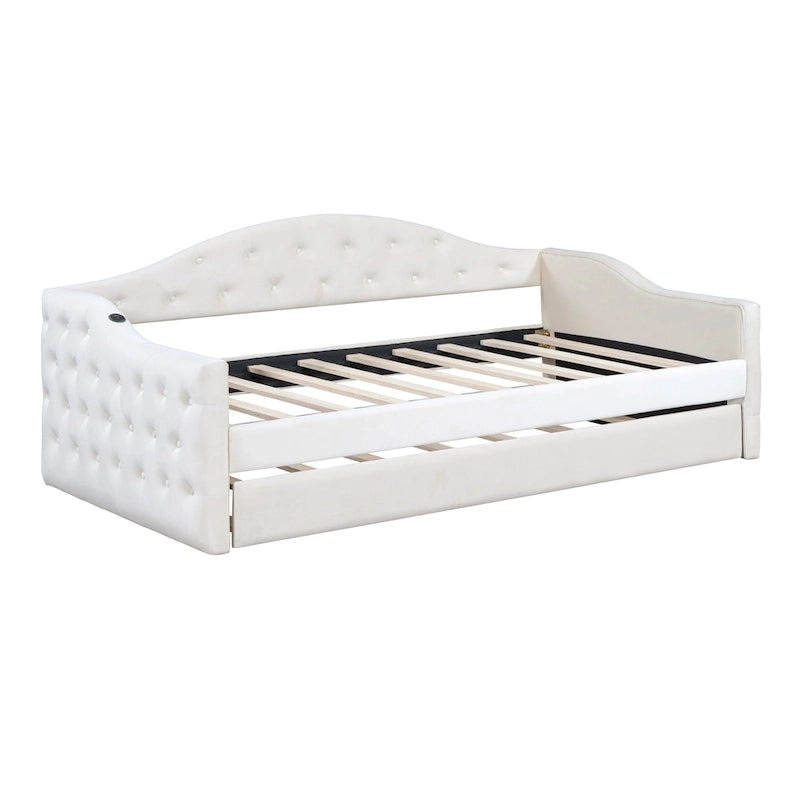Lit de repos rembourré jumeau avec lit gigogne et ports de charge, beige