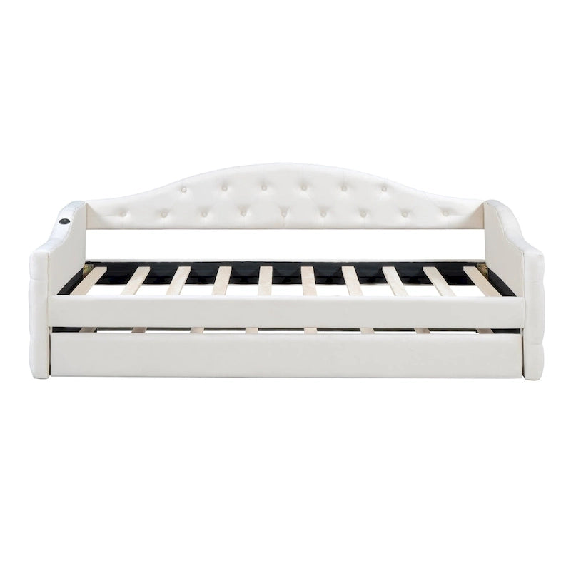 Lit de repos rembourré jumeau avec lit gigogne et ports de charge, beige