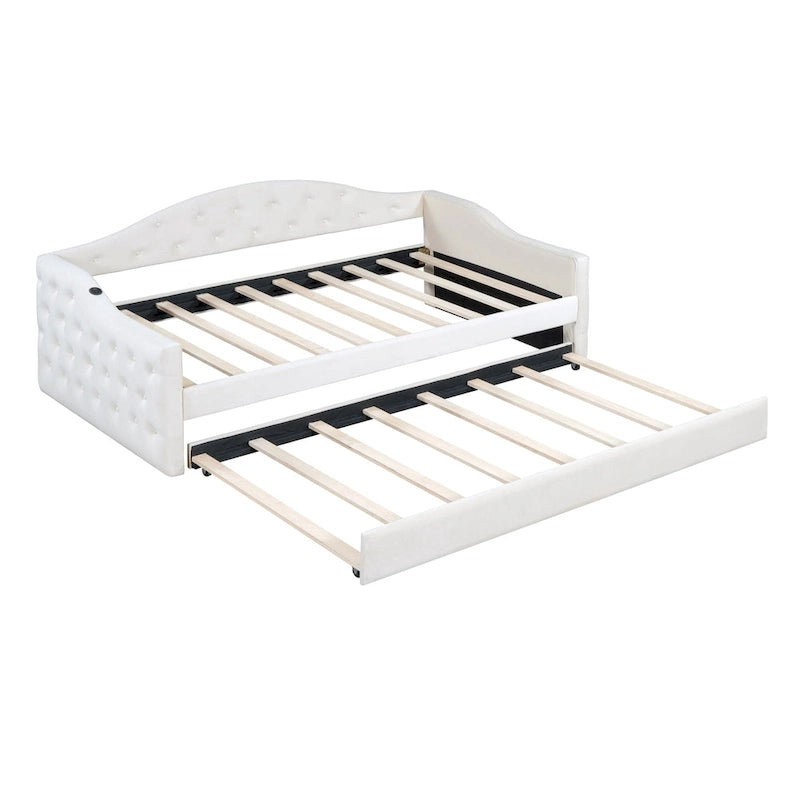 Lit de repos rembourré jumeau avec lit gigogne et ports de charge, beige