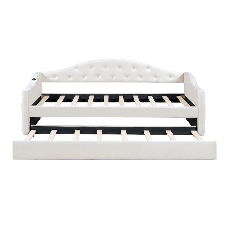 Lit de repos rembourré jumeau avec lit gigogne et ports de charge, beige