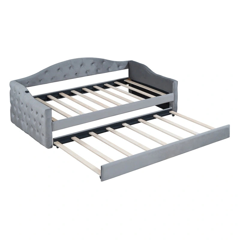 Lit de repos rembourré jumeau avec lit gigogne et ports de charge, beige