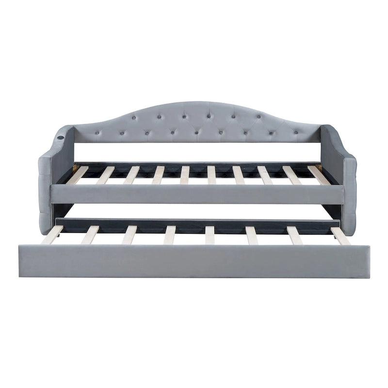 Lit de repos rembourré jumeau avec lit gigogne et ports de charge, beige