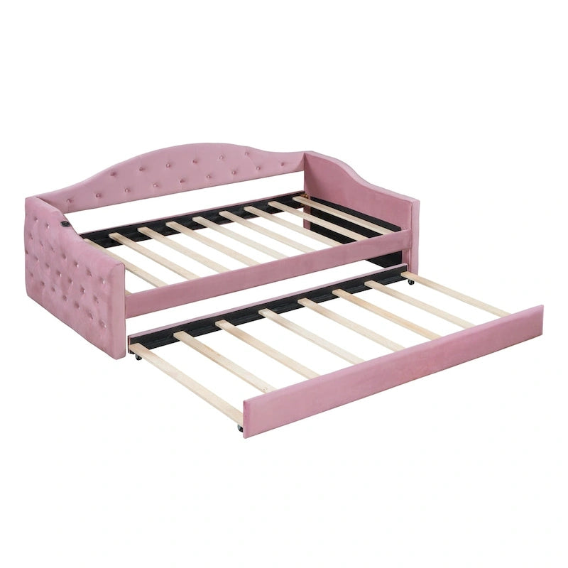 Lit de repos rembourré jumeau avec lit gigogne et ports de charge, beige