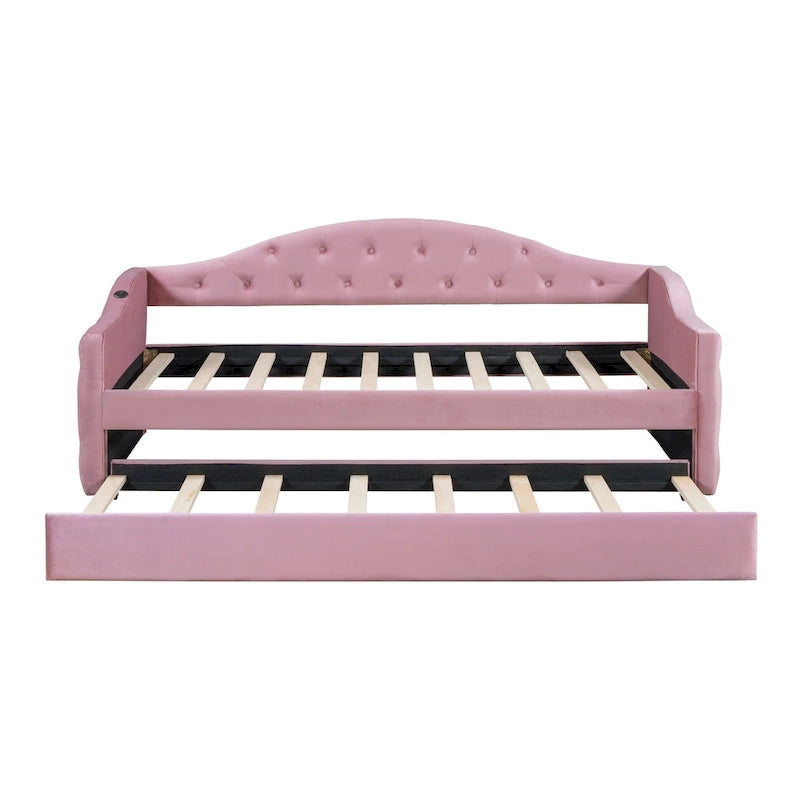 Lit de repos rembourré jumeau avec lit gigogne et ports de charge, beige