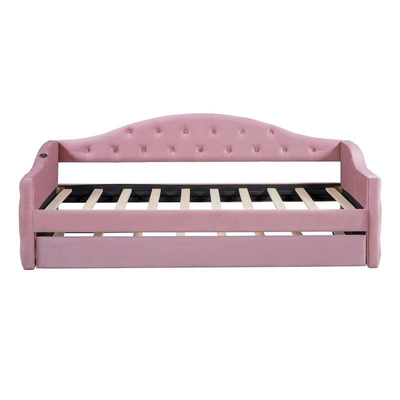 Lit de repos rembourré jumeau avec lit gigogne et ports de charge, beige