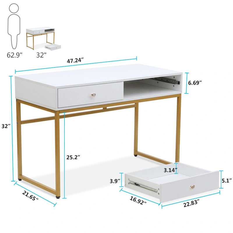 Bureau de travail à domicile de 47 pouces avec 2 tiroirs de rangement