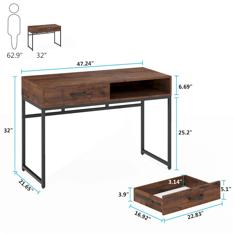 Bureau de travail à domicile de 47 pouces avec 2 tiroirs de rangement