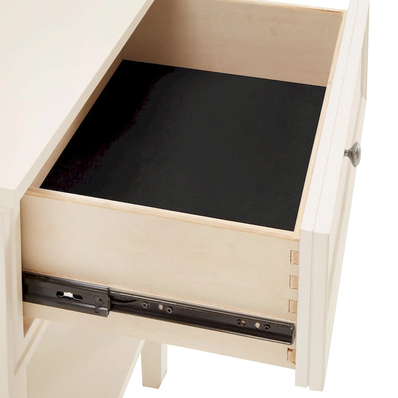Table de chevet à 1 tiroir avec étagère inférieure – Finition blanche avec tiroir en lin beige