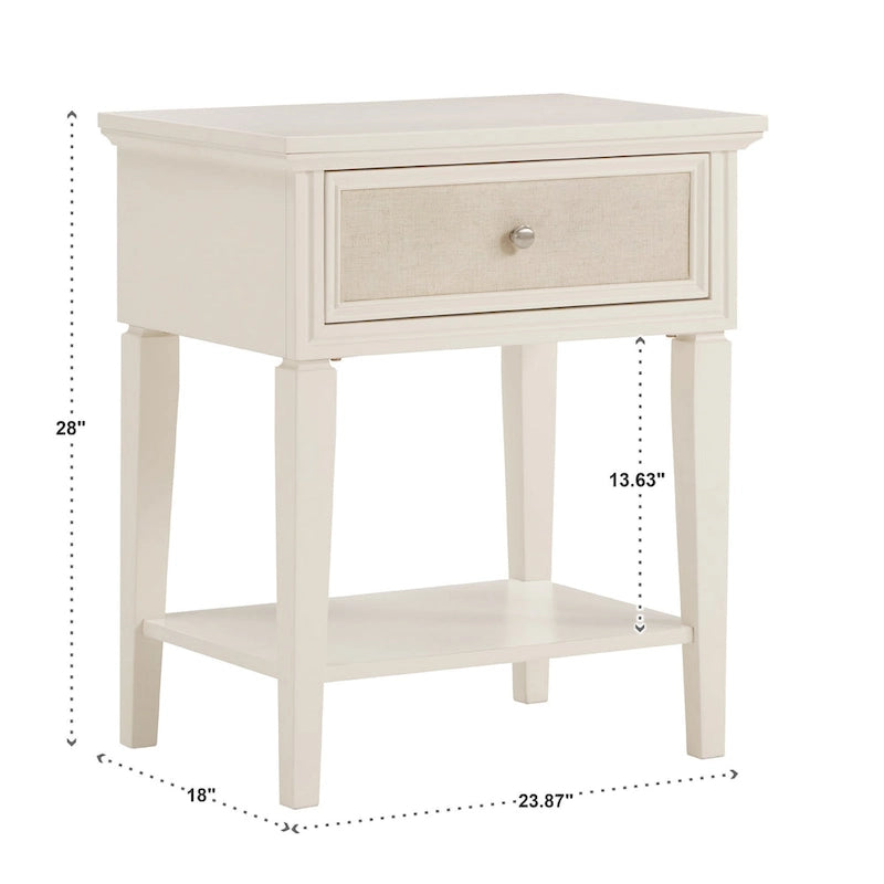 Table de chevet à 1 tiroir avec étagère inférieure – Finition blanche avec tiroir en lin beige