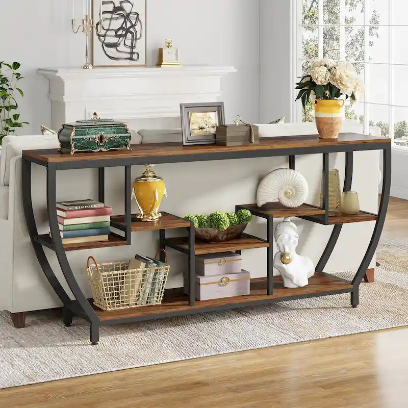 Console de 70,9 pouces avec 7 étagères – Table d'appoint étroite pour entrée, couloir ou salon