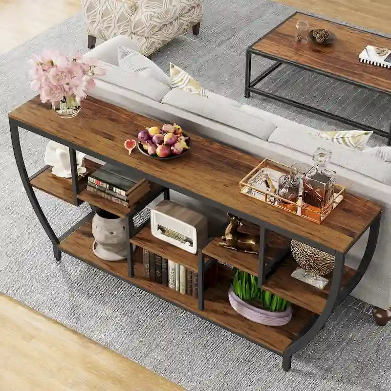 Console de 70,9 pouces avec 7 étagères – Table d'appoint étroite pour entrée, couloir ou salon