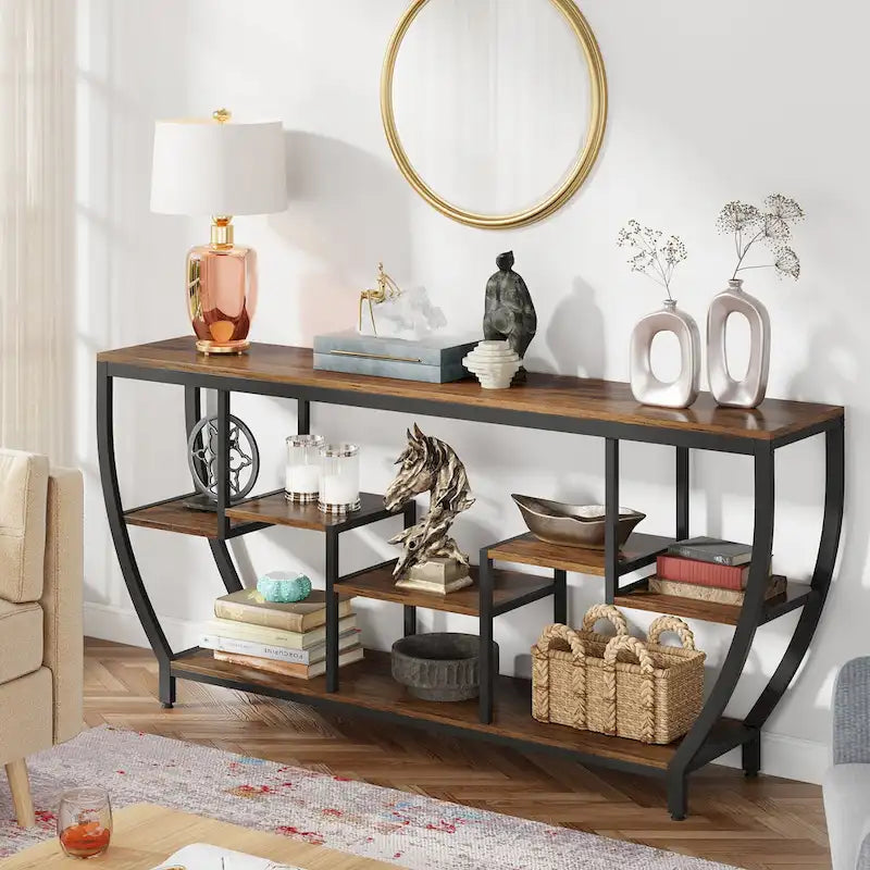 Console de 70,9 pouces avec 7 étagères – Table d'appoint étroite pour entrée, couloir ou salon