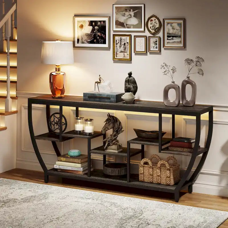 Console de 70,9 pouces avec 7 étagères – Table d'appoint étroite pour entrée, couloir ou salon