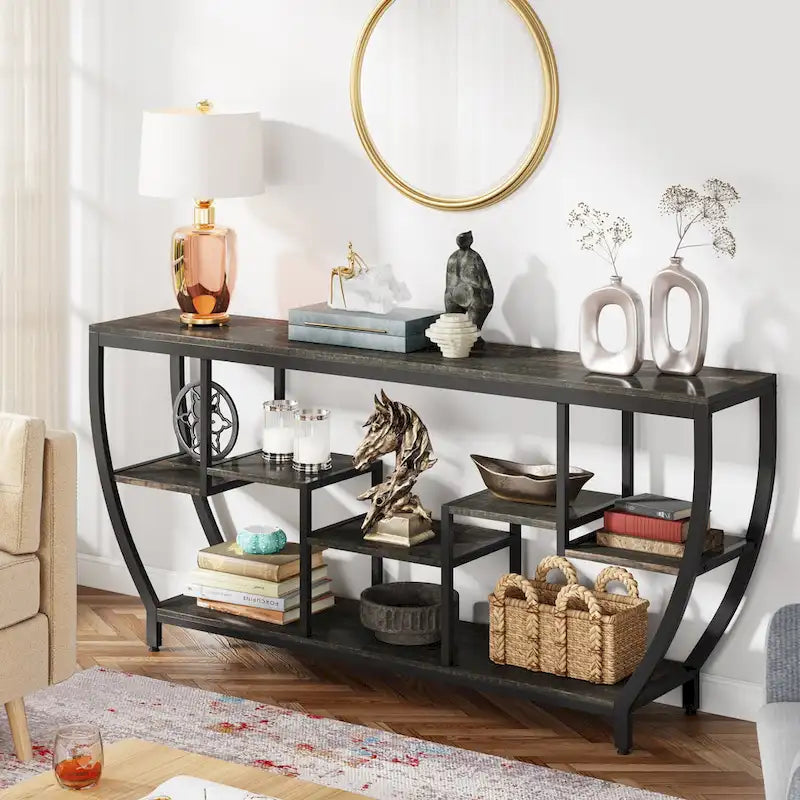 Console de 70,9 pouces avec 7 étagères – Table d'appoint étroite pour entrée, couloir ou salon