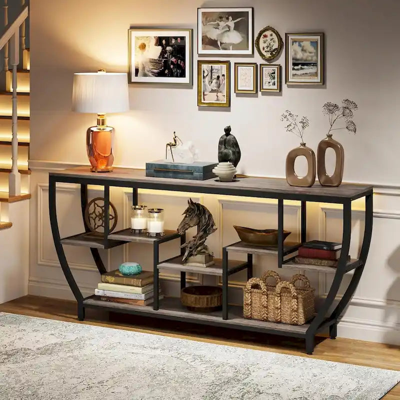 Console de 70,9 pouces avec 7 étagères – Table d'appoint étroite pour entrée, couloir ou salon