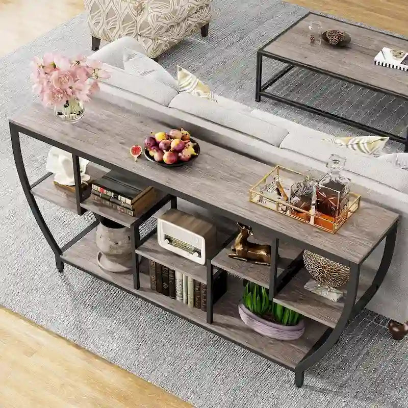 Console de 70,9 pouces avec 7 étagères – Table d'appoint étroite pour entrée, couloir ou salon