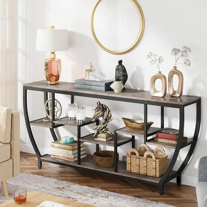 Console de 70,9 pouces avec 7 étagères – Table d'appoint étroite pour entrée, couloir ou salon