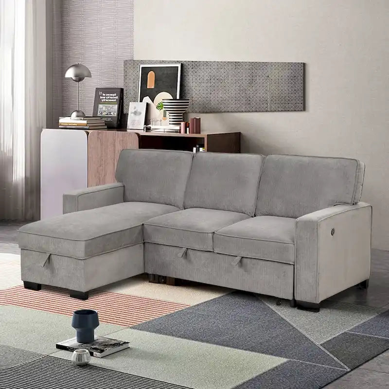 Canapé-lit d'angle convertible avec ports USB, porte-gobelets et chaise longue de rangement