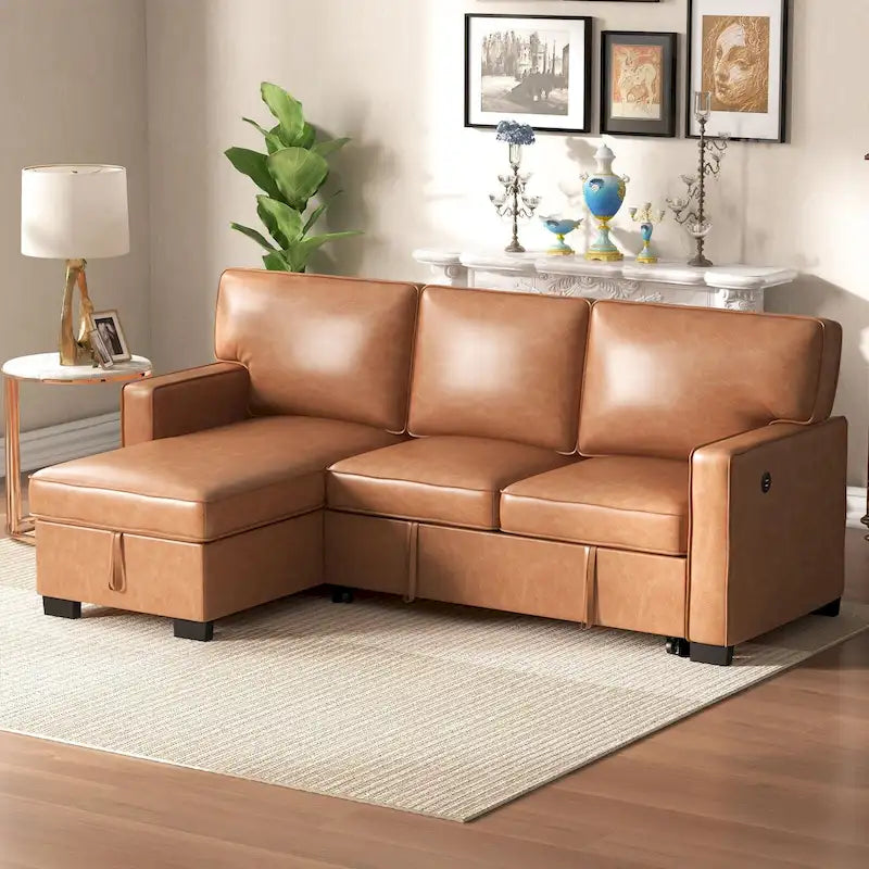 Canapé-lit d'angle convertible avec ports USB, porte-gobelets et chaise longue de rangement
