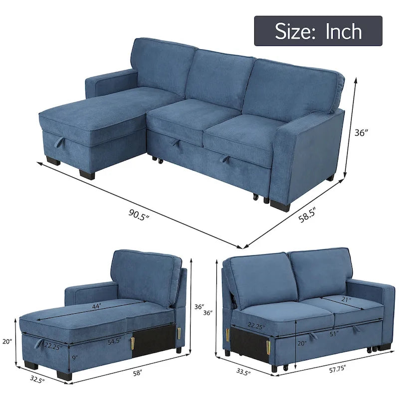 Canapé-lit d'angle convertible avec ports USB, porte-gobelets et chaise longue de rangement
