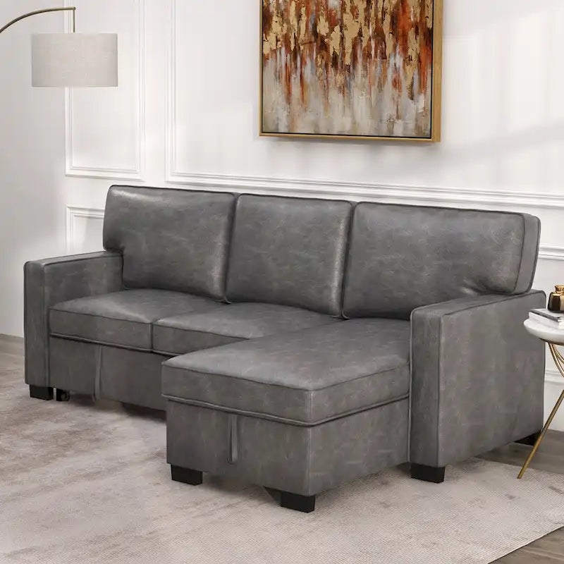 Canapé-lit d'angle convertible avec ports USB, porte-gobelets et chaise longue de rangement