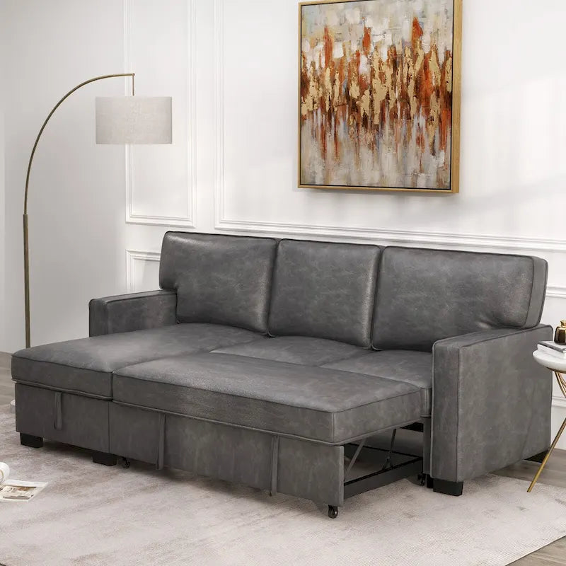 Canapé-lit d'angle convertible avec ports USB, porte-gobelets et chaise longue de rangement