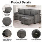 Canapé-lit d'angle convertible avec ports USB, porte-gobelets et chaise longue de rangement