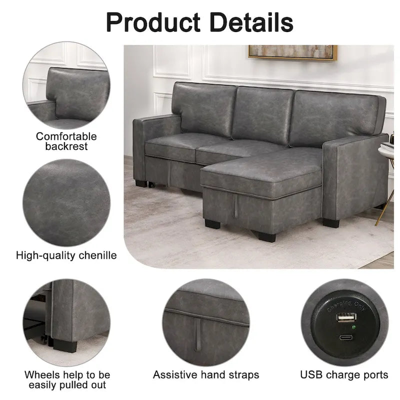 Canapé-lit d'angle convertible avec ports USB, porte-gobelets et chaise longue de rangement