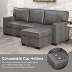 Canapé-lit d'angle convertible avec ports USB, porte-gobelets et chaise longue de rangement