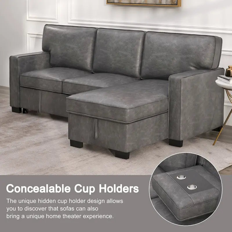Canapé-lit d'angle convertible avec ports USB, porte-gobelets et chaise longue de rangement