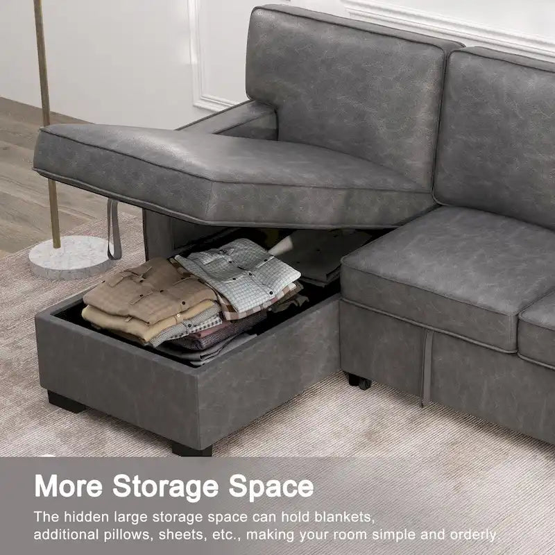Canapé-lit d'angle convertible avec ports USB, porte-gobelets et chaise longue de rangement