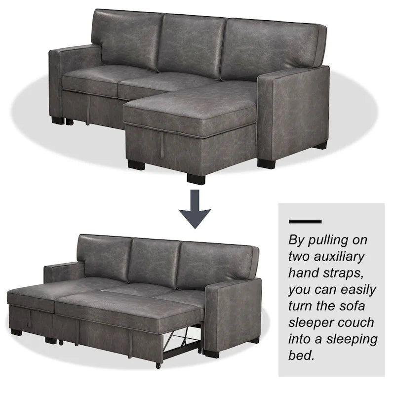 Canapé-lit d'angle convertible avec ports USB, porte-gobelets et chaise longue de rangement