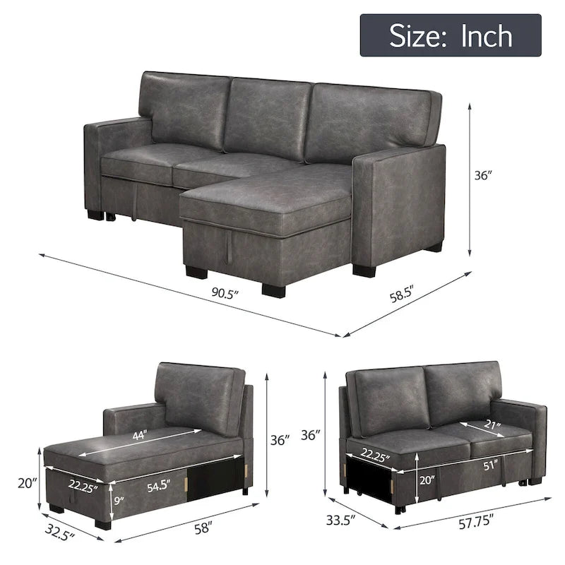 Canapé-lit d'angle convertible avec ports USB, porte-gobelets et chaise longue de rangement