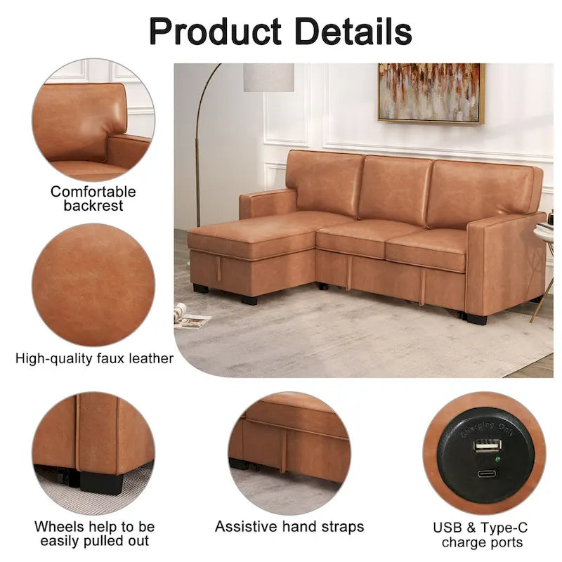 Canapé-lit d'angle convertible avec ports USB, porte-gobelets et chaise longue de rangement