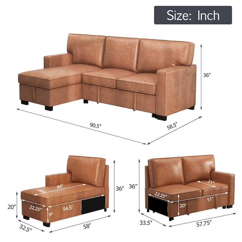 Canapé-lit d'angle convertible avec ports USB, porte-gobelets et chaise longue de rangement