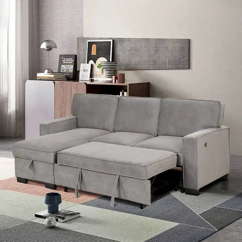 Canapé-lit d'angle convertible avec ports USB, porte-gobelets et chaise longue de rangement