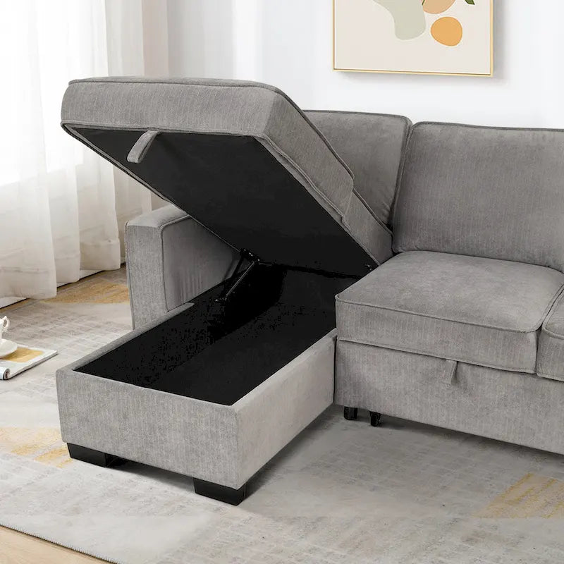 Canapé-lit d'angle convertible avec ports USB, porte-gobelets et chaise longue de rangement