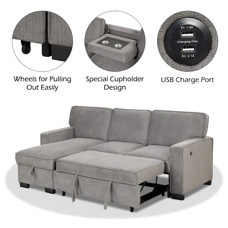 Canapé-lit d'angle convertible avec ports USB, porte-gobelets et chaise longue de rangement