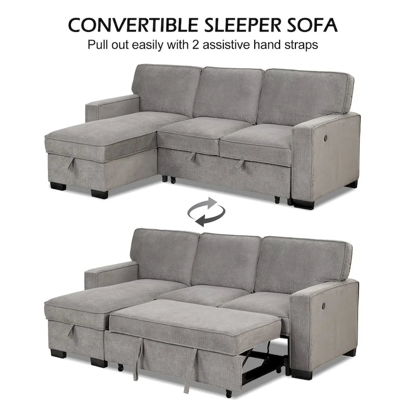 Canapé-lit d'angle convertible avec ports USB, porte-gobelets et chaise longue de rangement