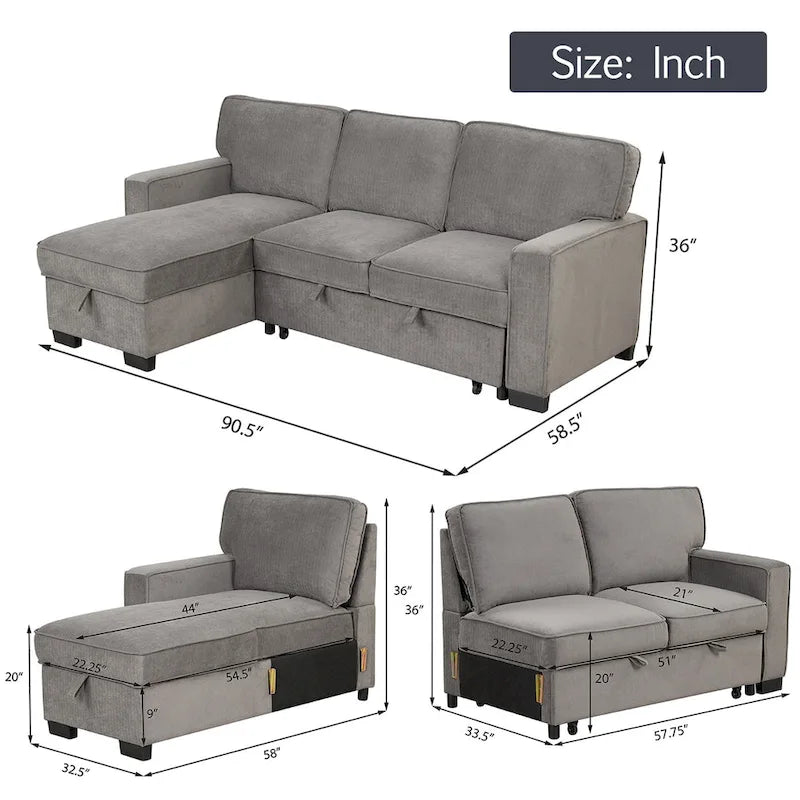 Canapé-lit d'angle convertible avec ports USB, porte-gobelets et chaise longue de rangement