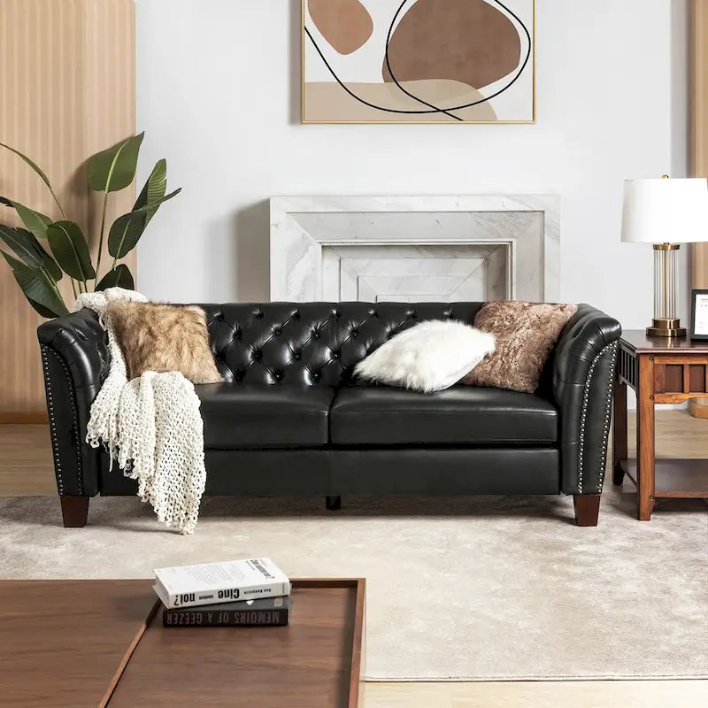 Canapé 210 cm en cuir véritable capitonné avec pieds en bois