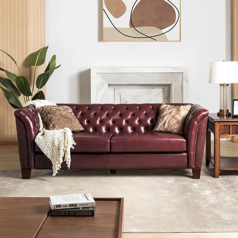 Canapé 210 cm en cuir véritable capitonné avec pieds en bois