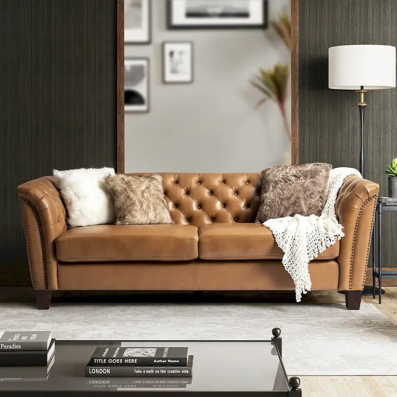 Canapé 210 cm en cuir véritable capitonné avec pieds en bois