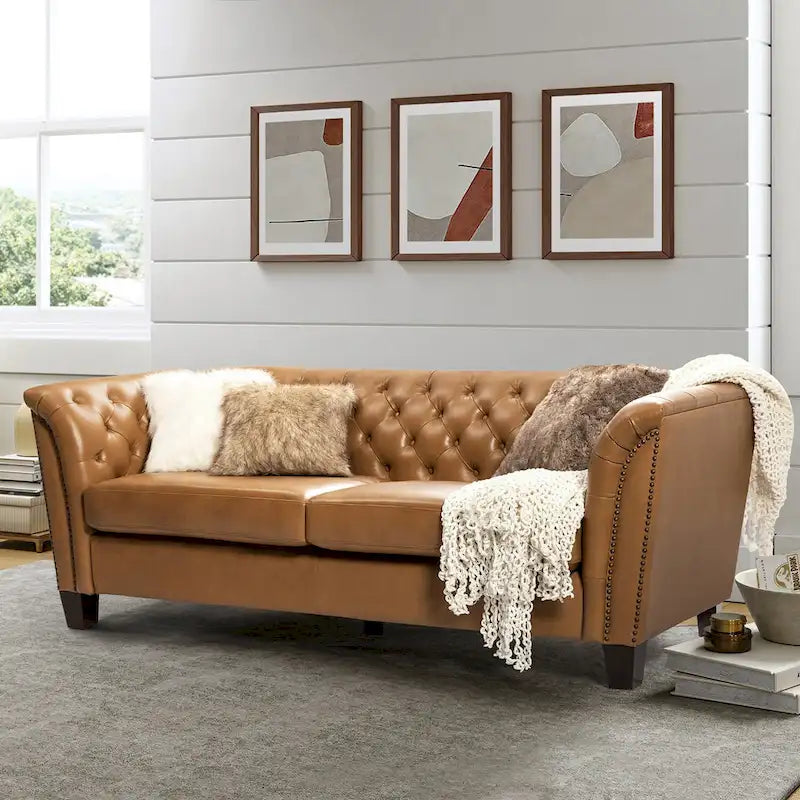 Canapé 210 cm en cuir véritable capitonné avec pieds en bois