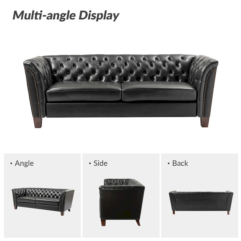 Canapé 210 cm en cuir véritable capitonné avec pieds en bois