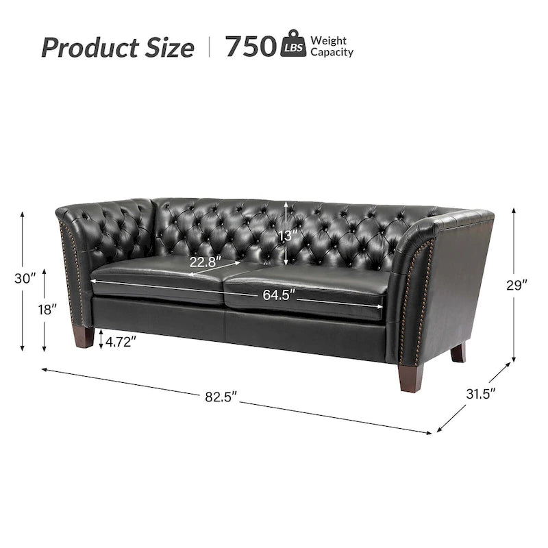 Canapé 210 cm en cuir véritable capitonné avec pieds en bois