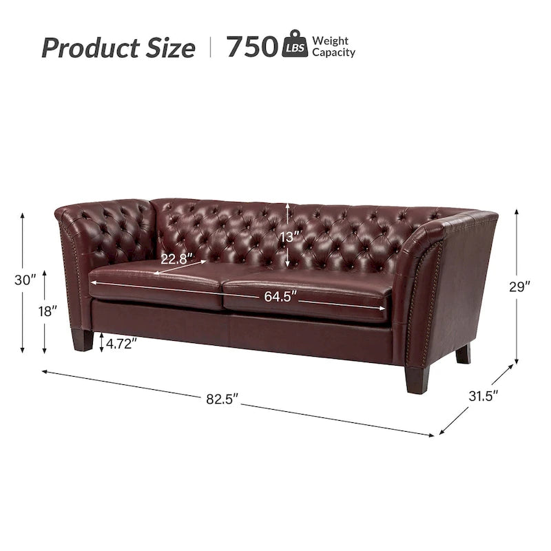 Canapé 210 cm en cuir véritable capitonné avec pieds en bois