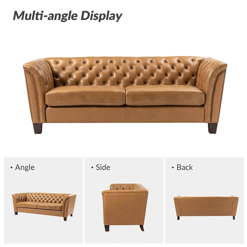 Canapé 210 cm en cuir véritable capitonné avec pieds en bois